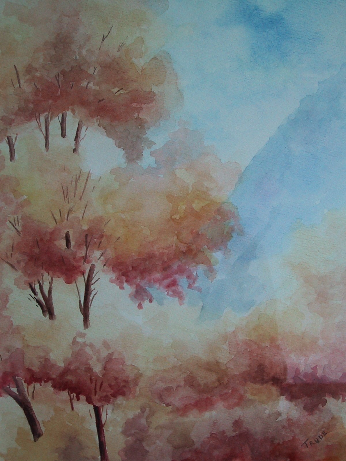 Autumn trees in warm rose and amber tones — watercolour