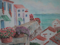 Mediterranean coastal village with terracotta rooftops — watercolour