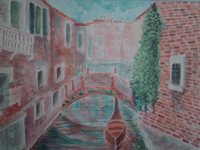 Venice canal with gondola and brick buildings — watercolour