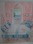 Sunlit bedroom interior with blue gingham bedding — watercolour