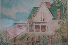 Victorian farmhouse with picket fence and garden — watercolour