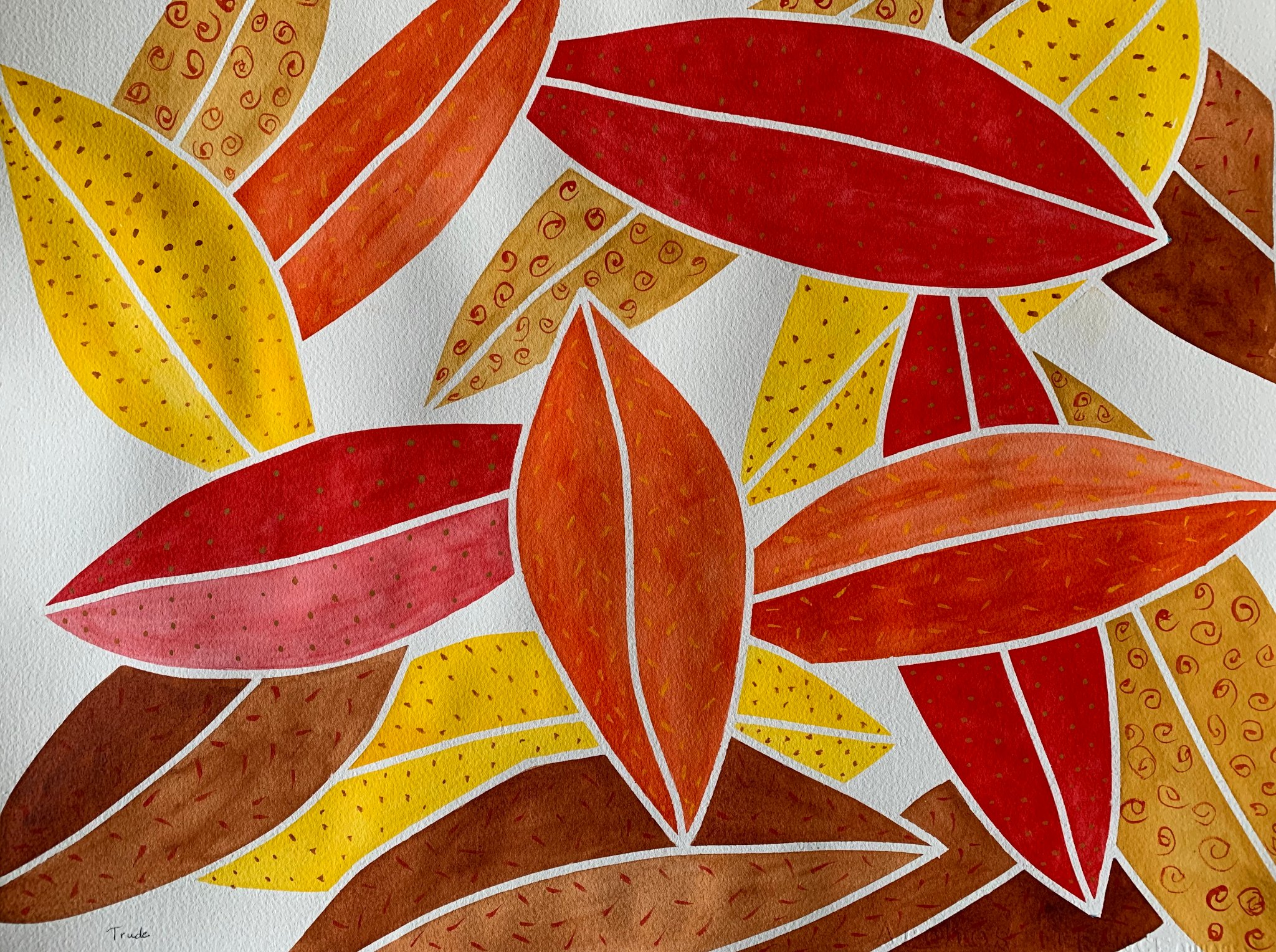 Overlapping leaf forms in warm reds, oranges and yellows