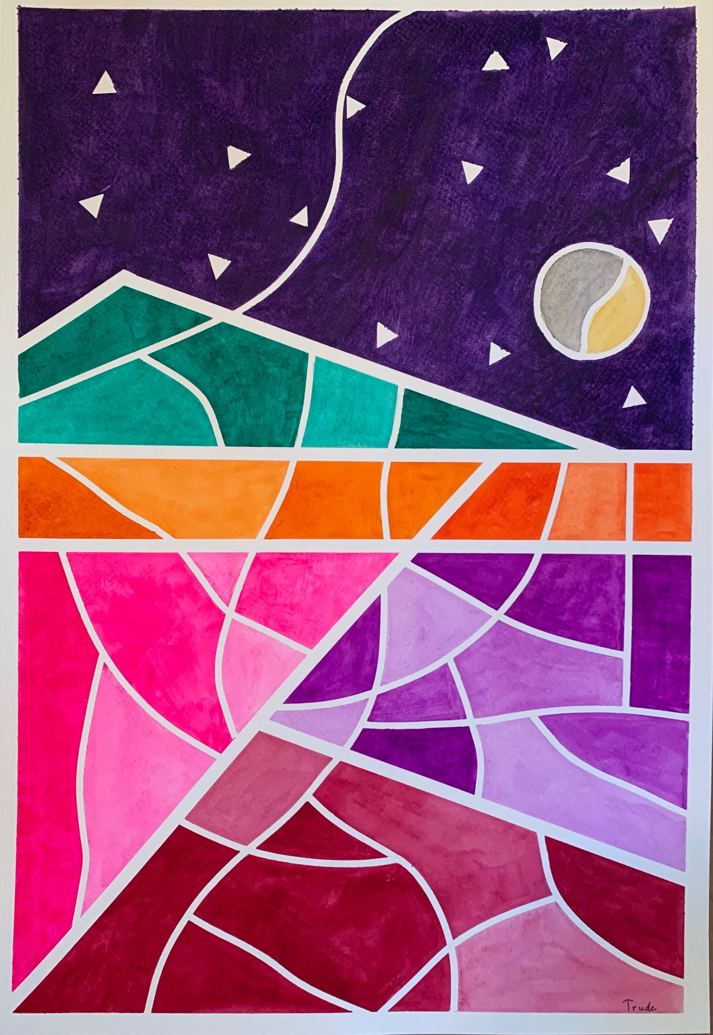Stained-glass landscape with purple night sky, teal mountains and pink mosaic