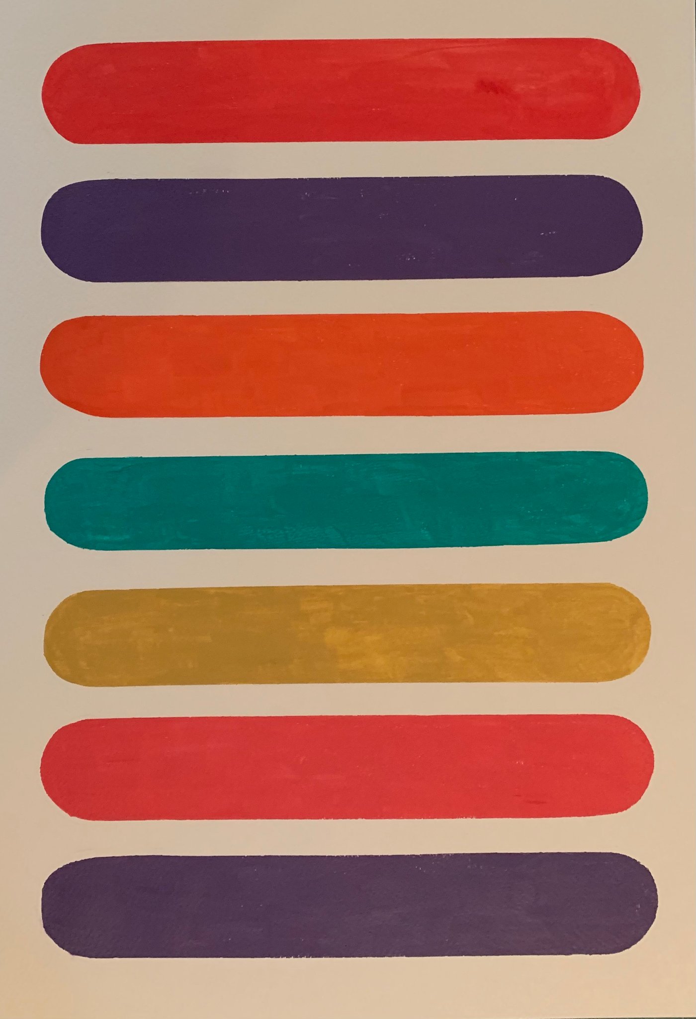 Seven rounded bars of saturated colour — red, purple, orange, teal, gold