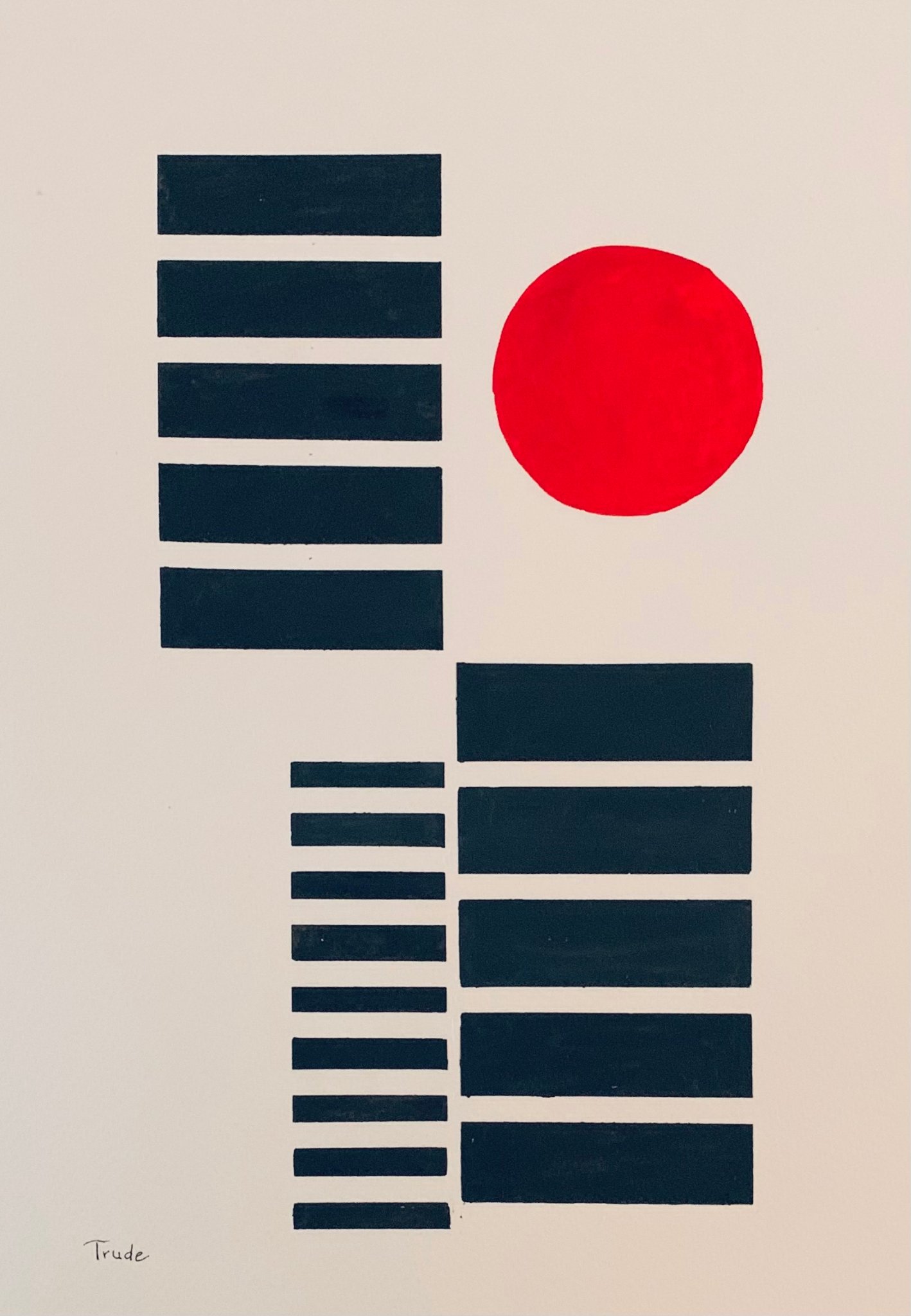 Dark navy rectangles of varying sizes with a single red circle on cream