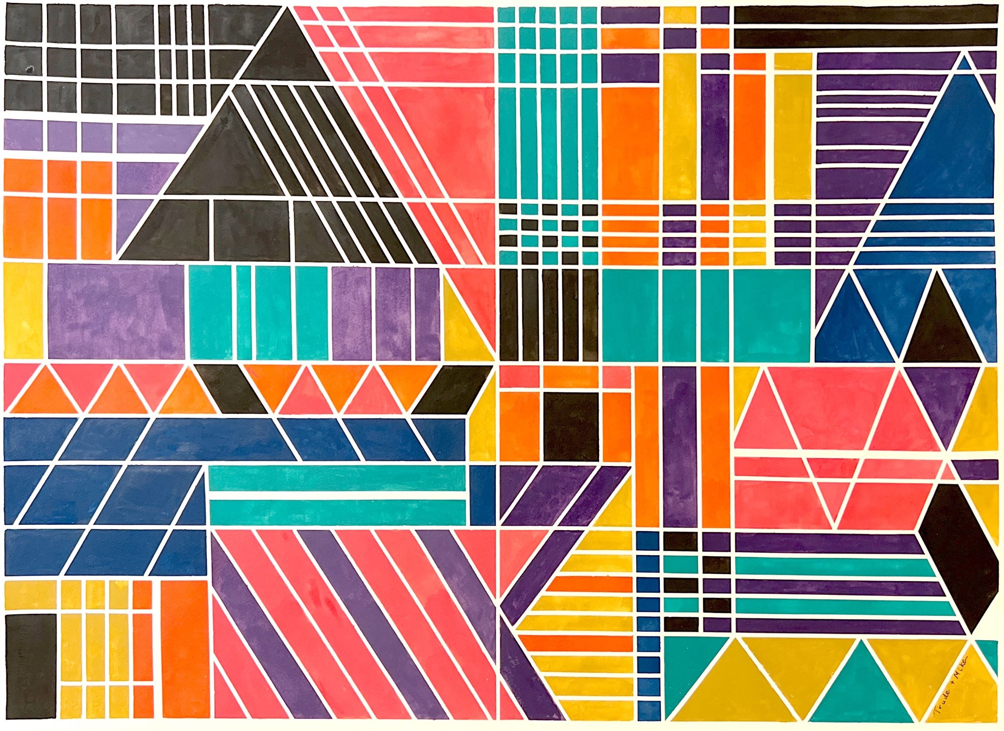 Dense geometric grid of triangles, rectangles and stripes in bold colour