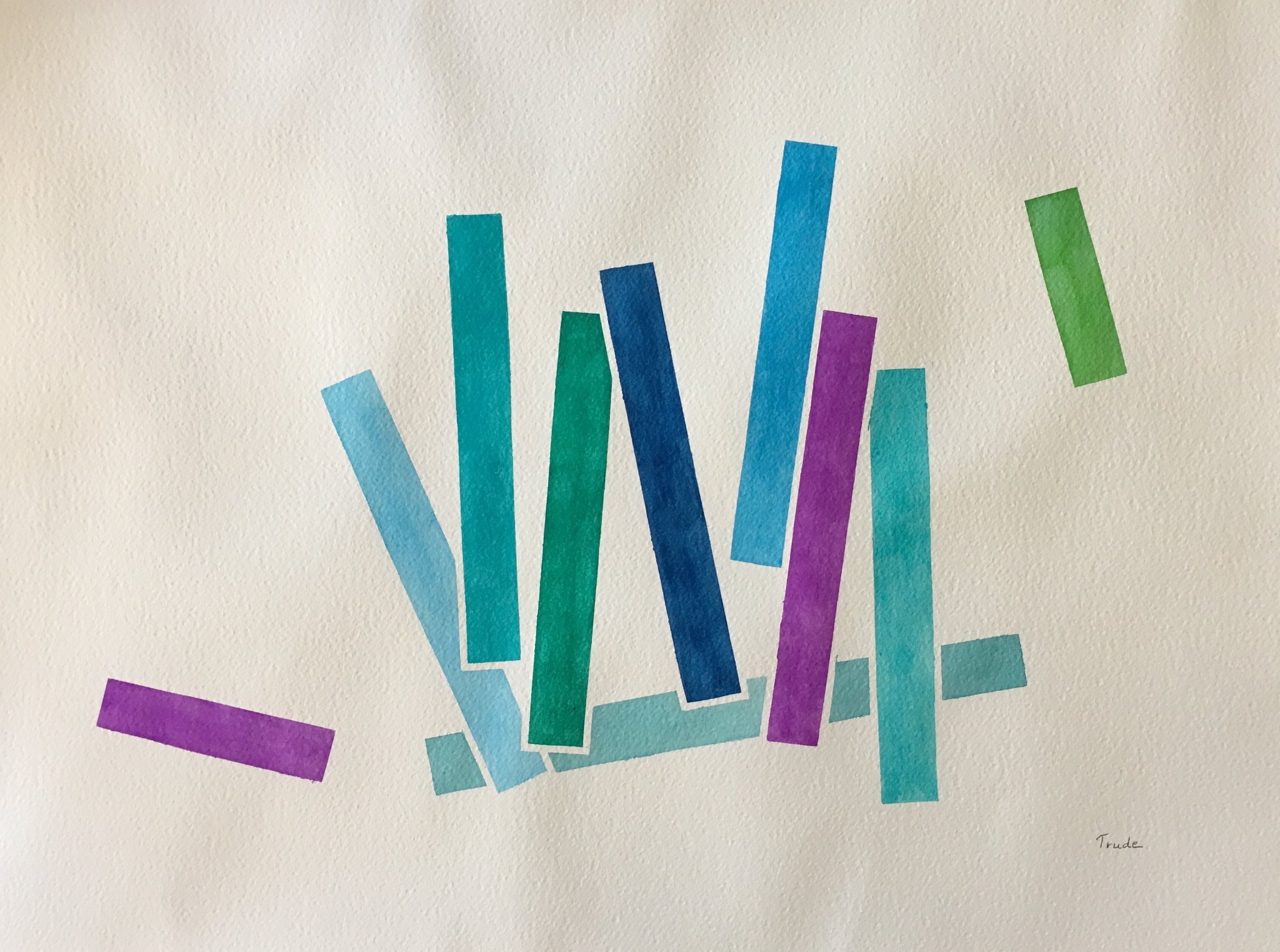 Scattered upright sticks in teal, blue, green and purple on cream