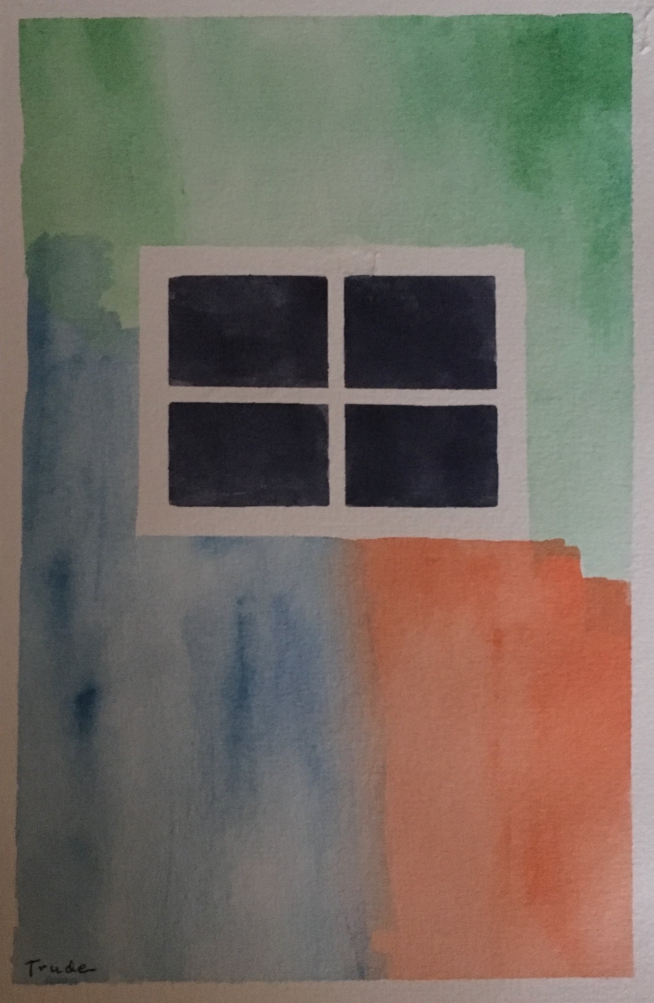 Four-pane dark window floating over soft green, blue and terracotta washes