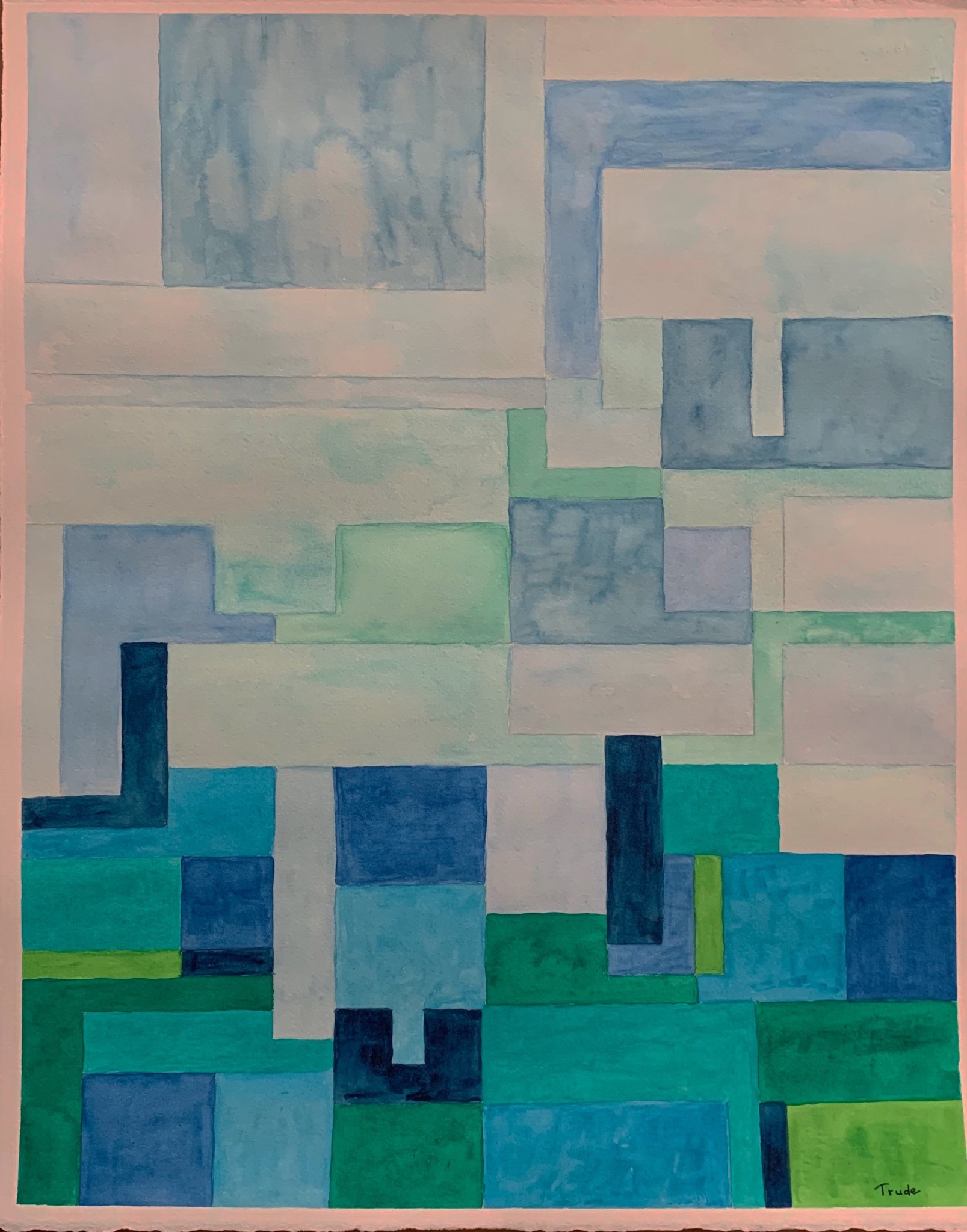Interlocking rectangles in blues, greens and soft neutrals