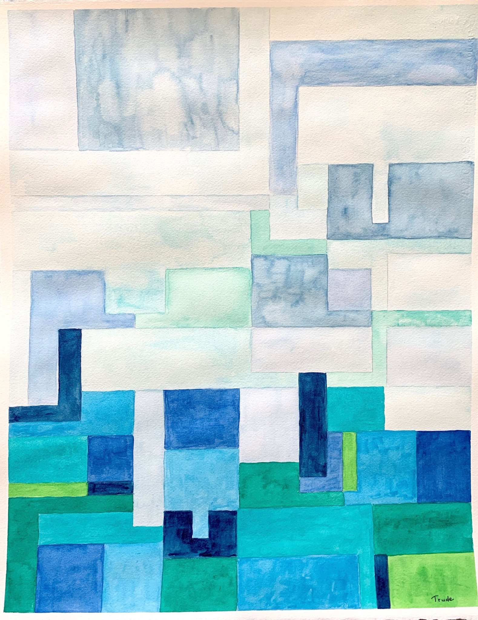 Interlocking rectangles and L-shapes in soft blues, teals and greens fading from pale to saturated
